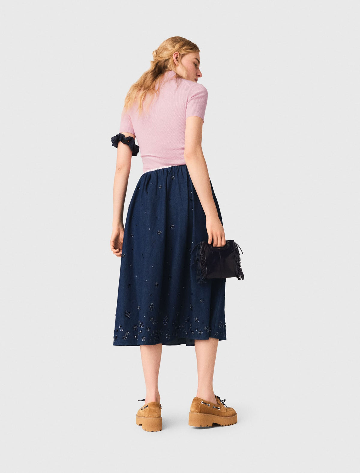 Embroidered denim midi skirt | Maje