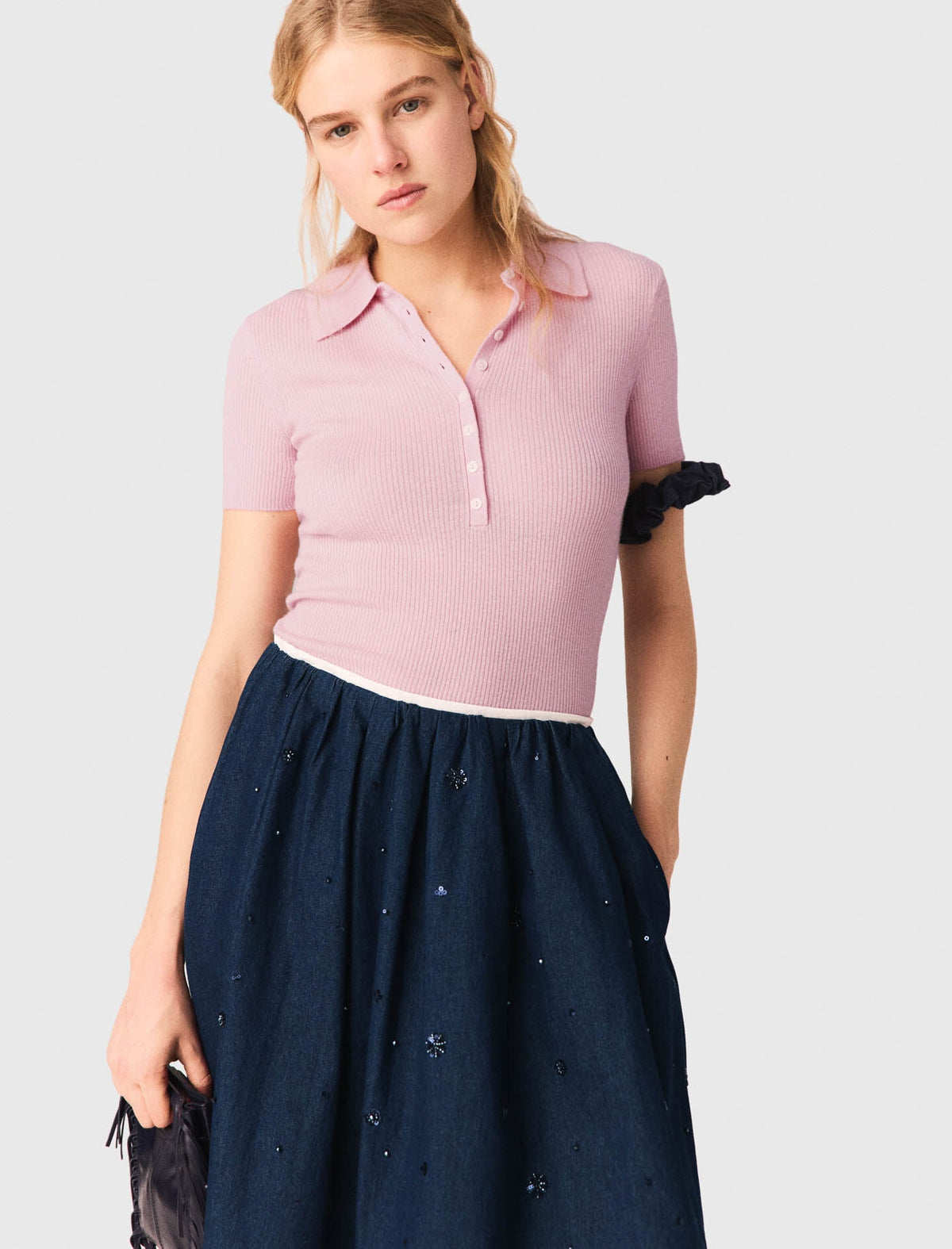 Embroidered denim midi skirt | Maje
