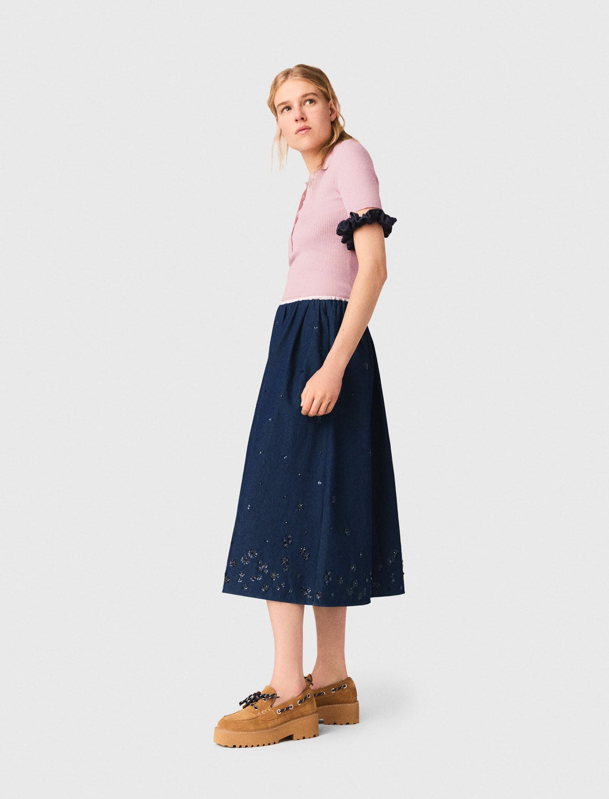 Embroidered denim midi skirt | Maje